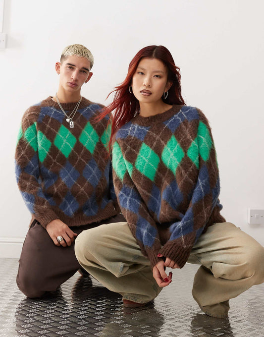 Unisex Oversized Argyle Fluffy Jumper