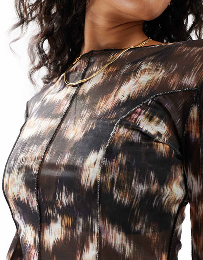 Long Sleeve Printed Mesh Top