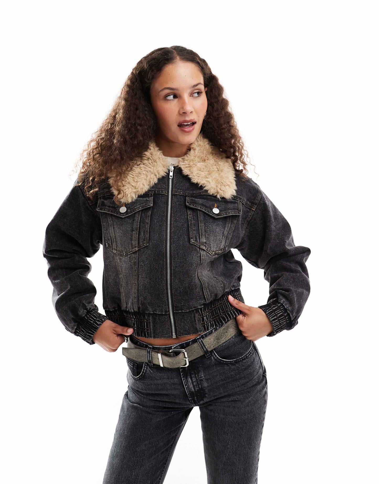Denim Oversized Bomber With Faux Shearling