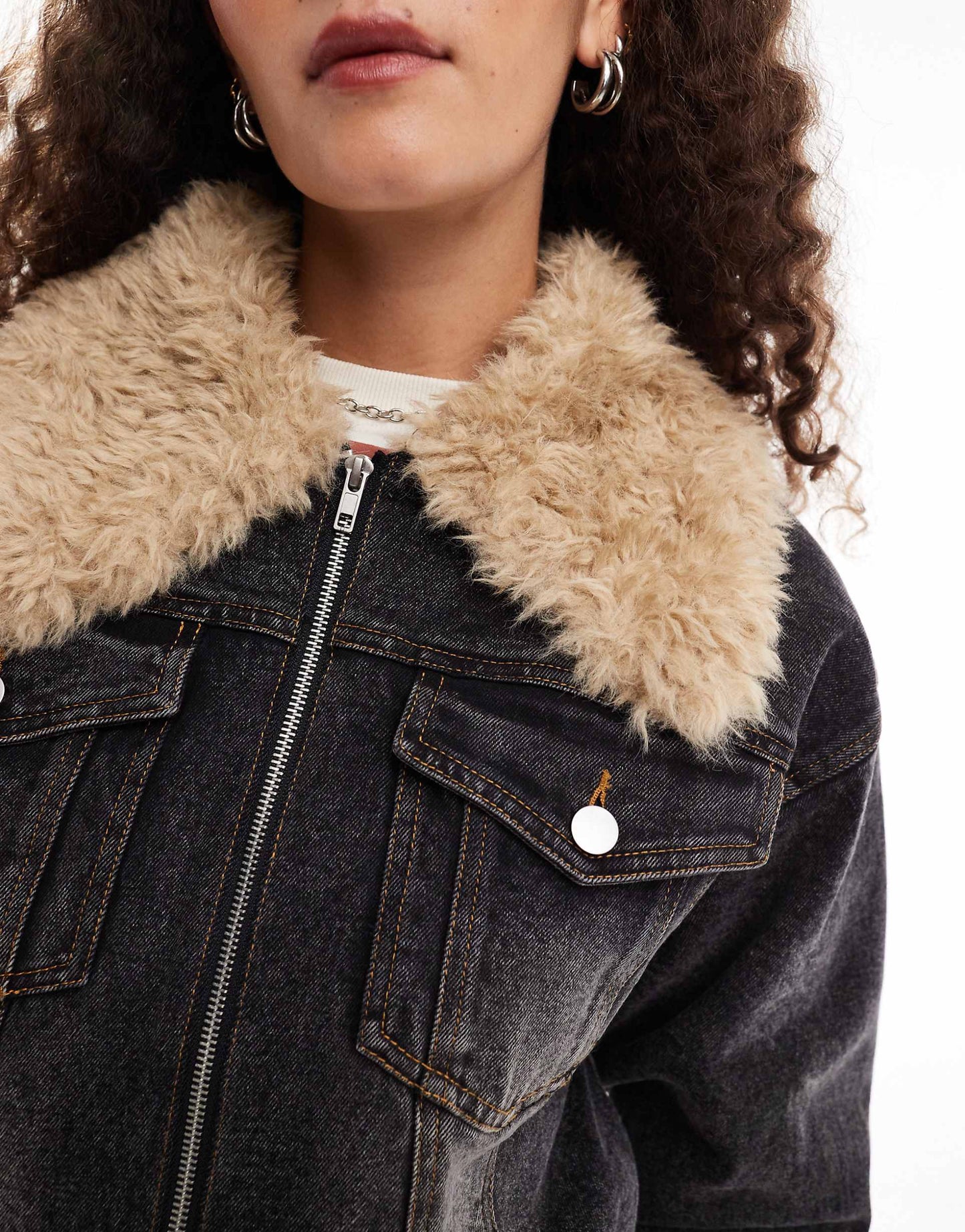 Denim Oversized Bomber With Faux Shearling