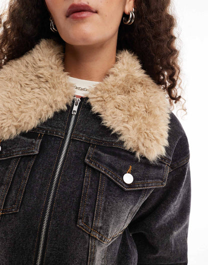 Denim Oversized Bomber With Faux Shearling