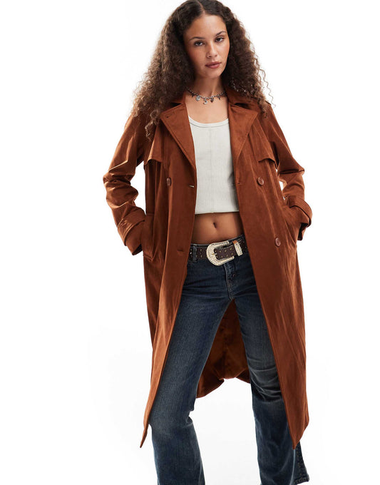 Belted Faux Suede Trench Coat