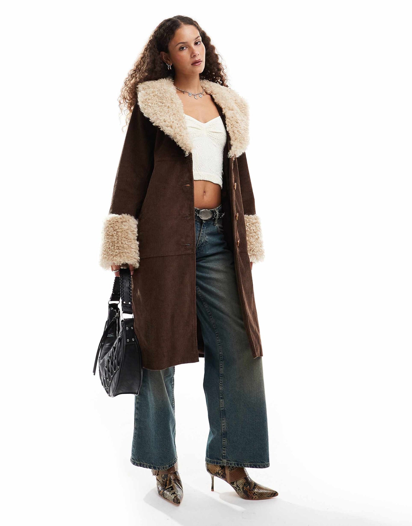 Cord Faux Shearling Longline Coat