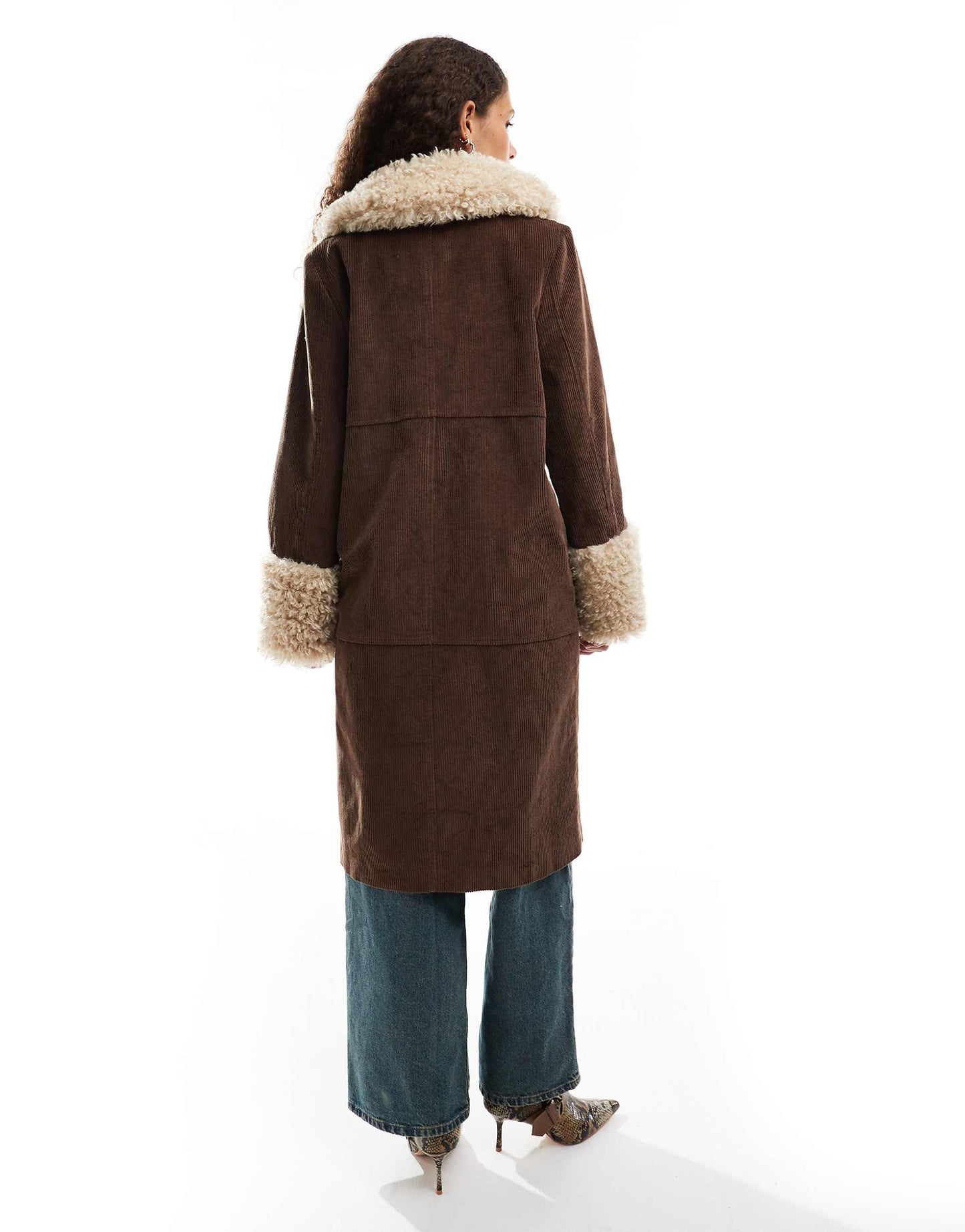 Cord Faux Shearling Longline Coat