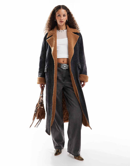 Belted Faux Shearling And Denim Overcoat