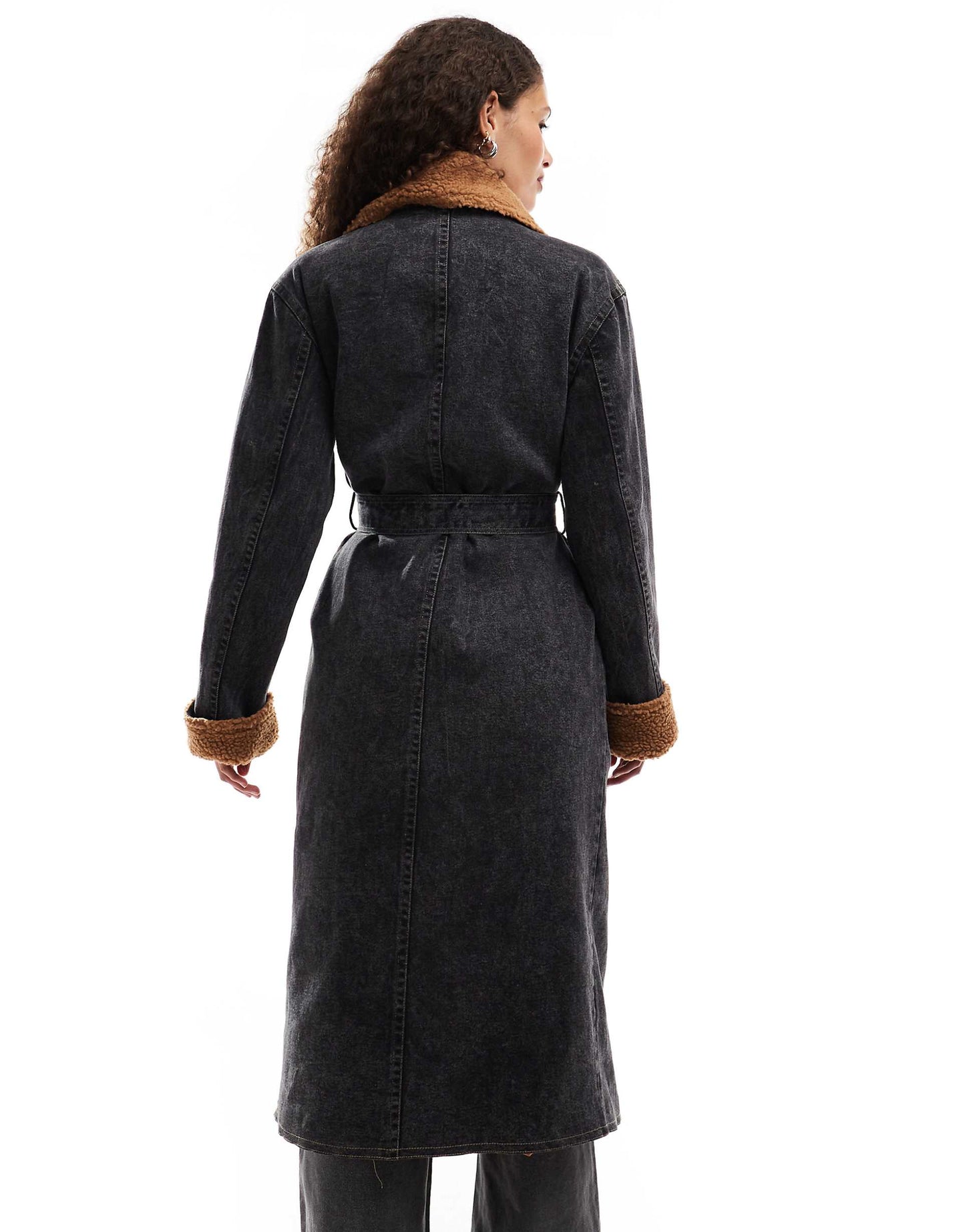 Belted Faux Shearling And Denim Overcoat