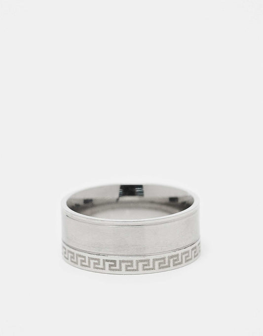 Waterproof Stainless Steel Band Ring With Greek Wave