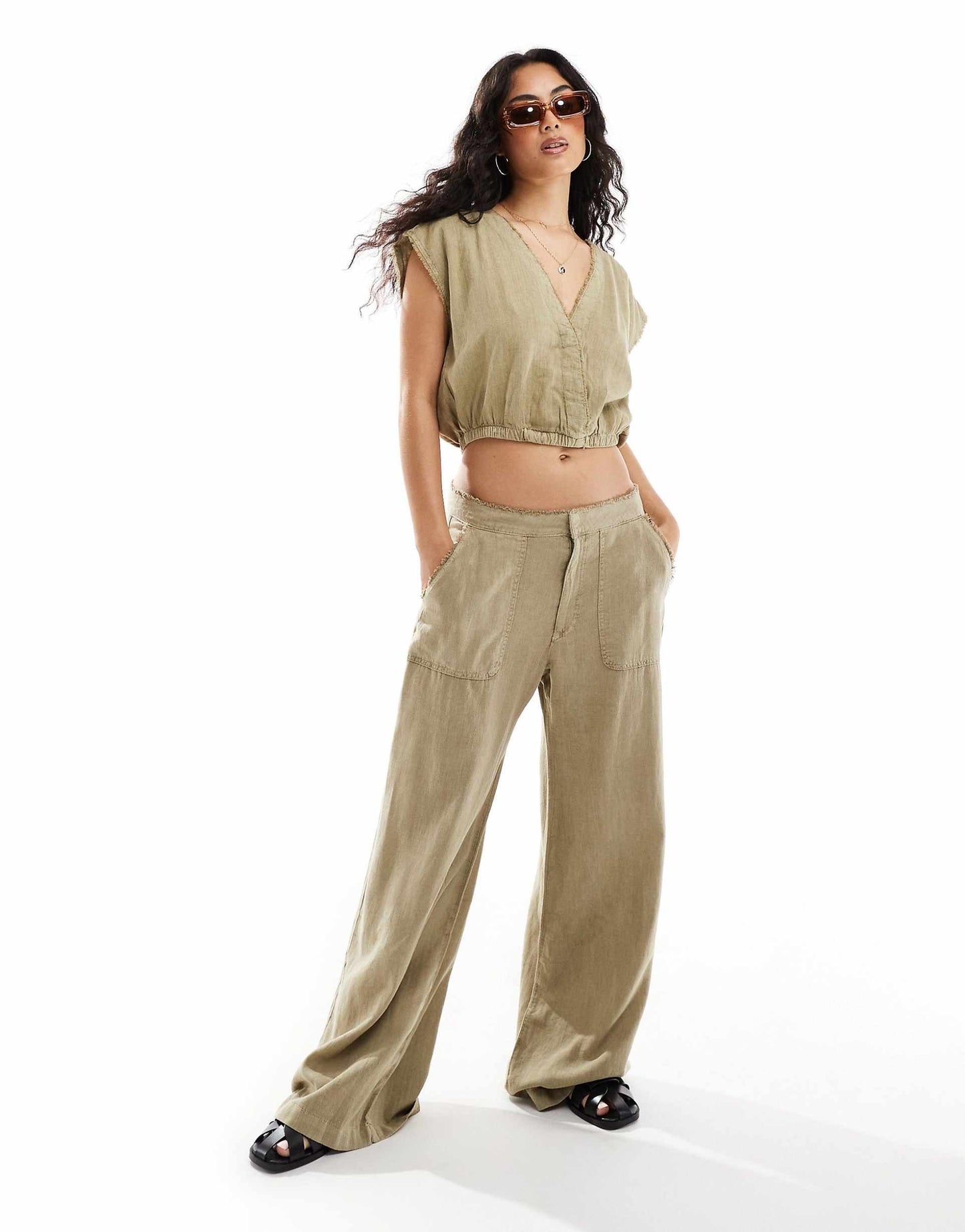 Wide Leg Linen Trouser Co-Ord With Raw Hem