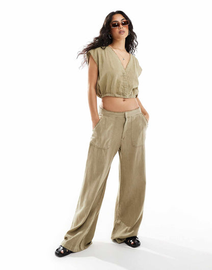 Wide Leg Linen Trouser Co-Ord With Raw Hem