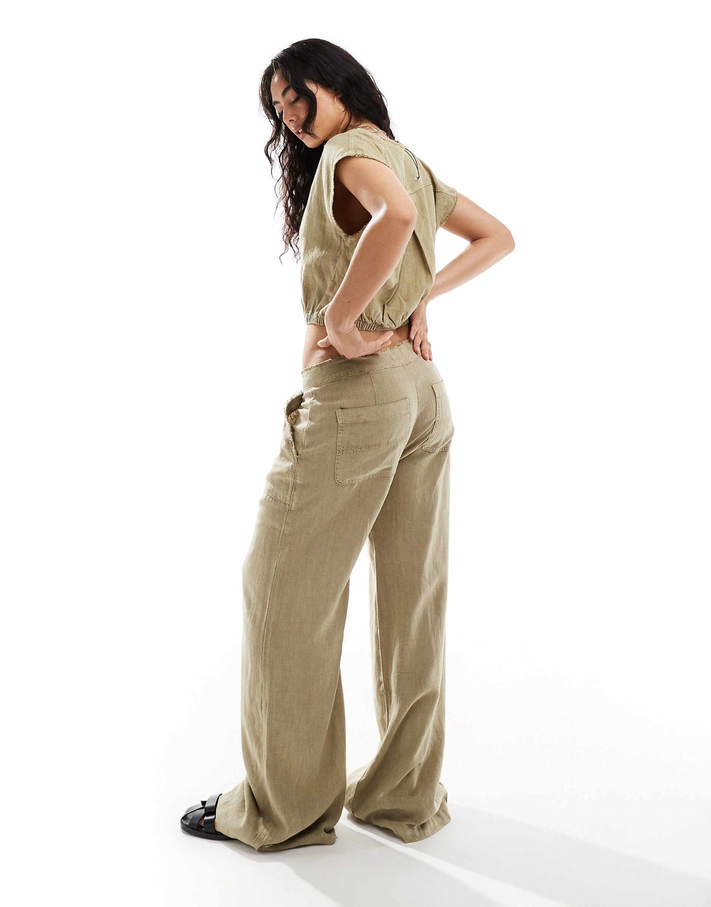 Wide Leg Linen Trouser Co-Ord With Raw Hem