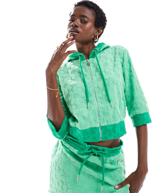 Floral Embossed Towelling Zip Through Top