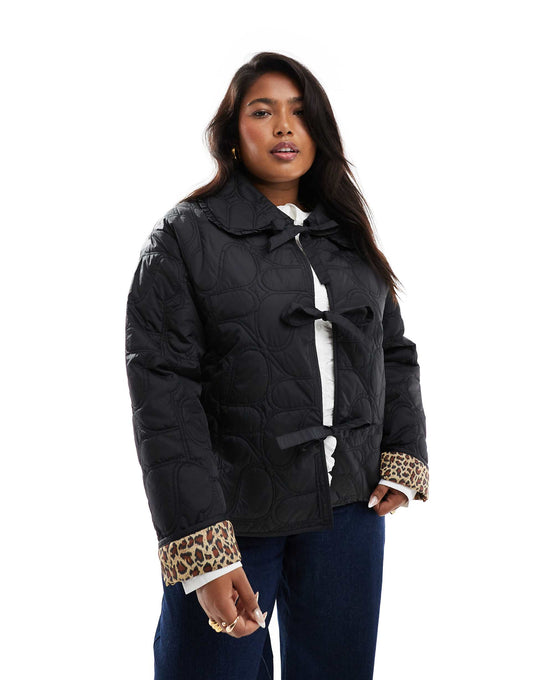 Quilted Frill Collar Tie Front Padded Jacket