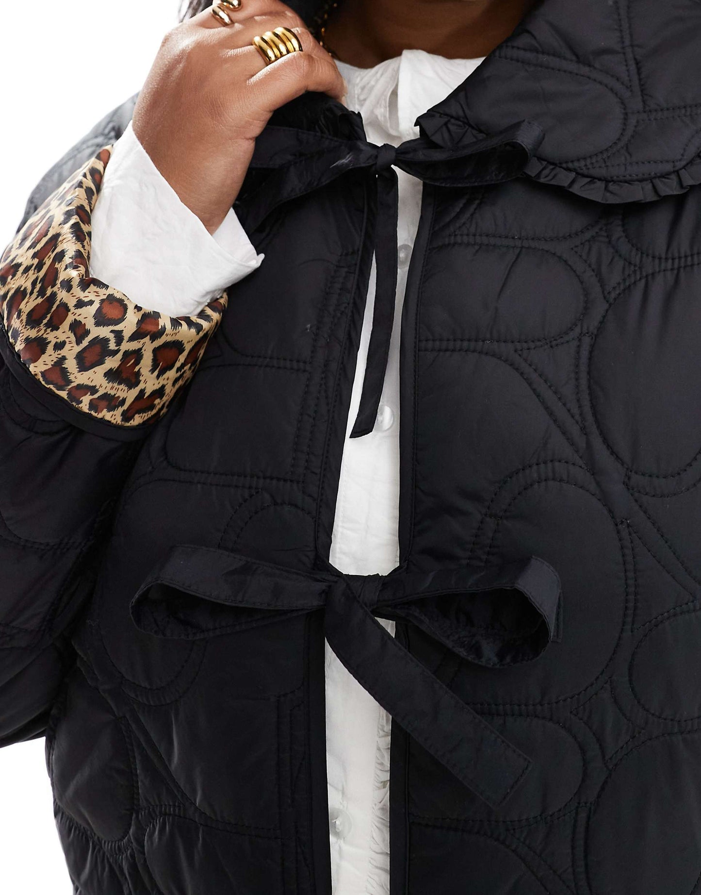 Quilted Frill Collar Tie Front Padded Jacket