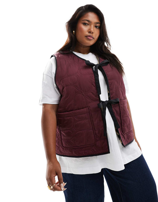 Collar Detail Tie Front Reversible Padded Gilet