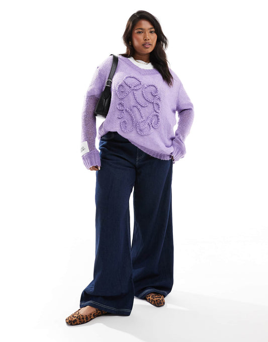 Applique Logo V Neck Wide Sleeve Jumper