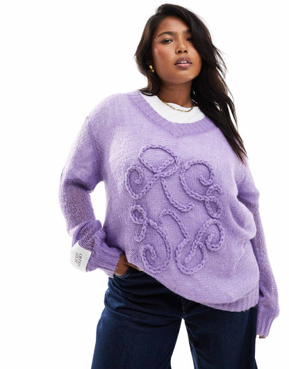Applique Logo V Neck Wide Sleeve Jumper