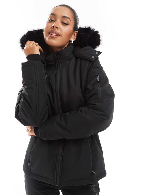Ski Belted Coat With Faux Fur Hood