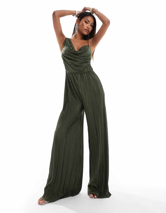 Plisse Asymmetric Drape Cami Jumpsuit