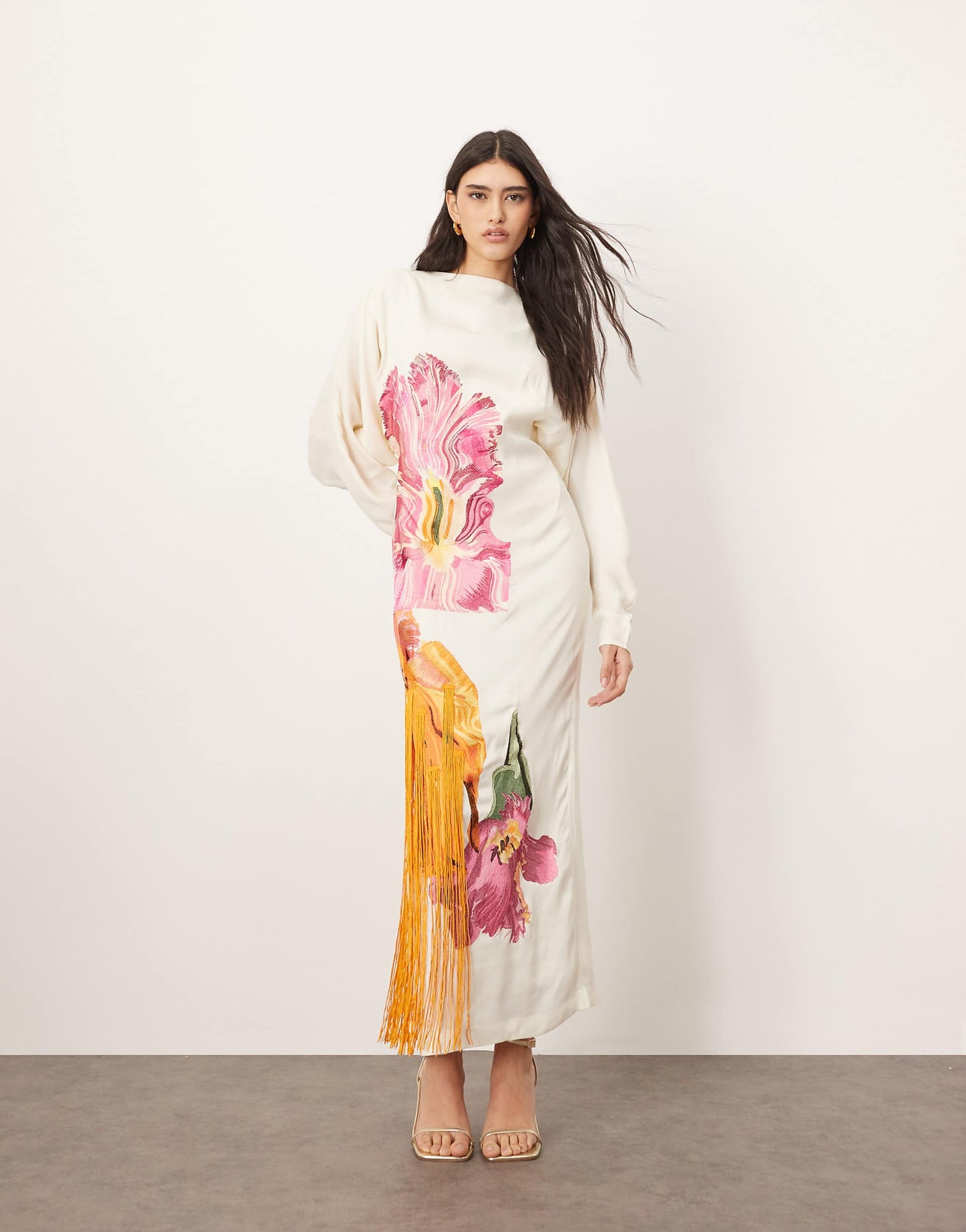 Embroidered Floral Long Sleeve Open Back Maxi Dress With Fringe