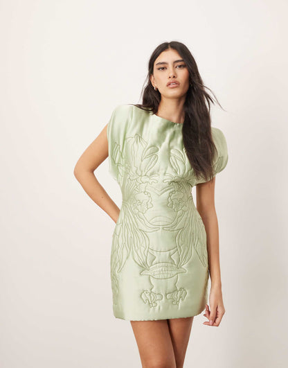 Embroidered Satin Quilted Mini Dress