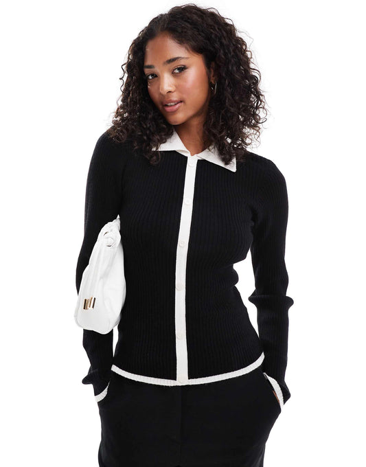 Faux Placket Cardigan With Contrast