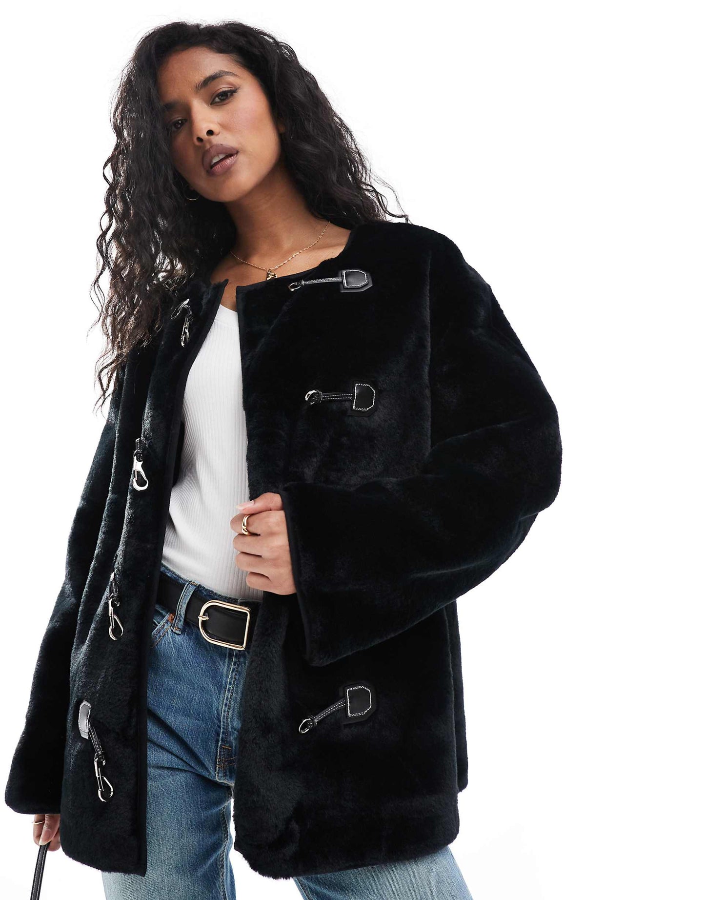 Faux Fur Jacket With Buckle Fastening