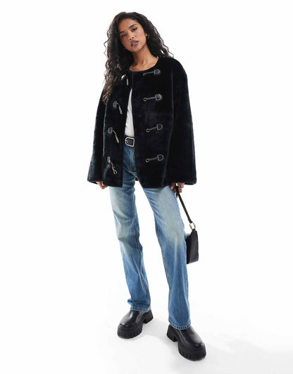 Faux Fur Jacket With Buckle Fastening