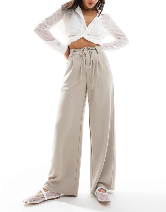 Jersey Twill Tie Belt Wide Leg Trousers