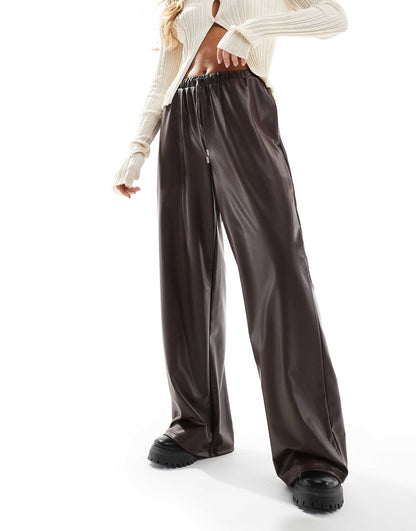 Leather Look Tie Waist Wide Leg Trousers