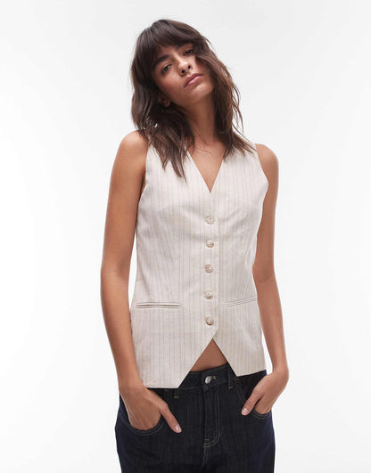 Stripe Linen Fitted Button Up Waistcoat