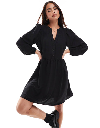 V-Neck Smock Mini Dress With Puff Sleeves