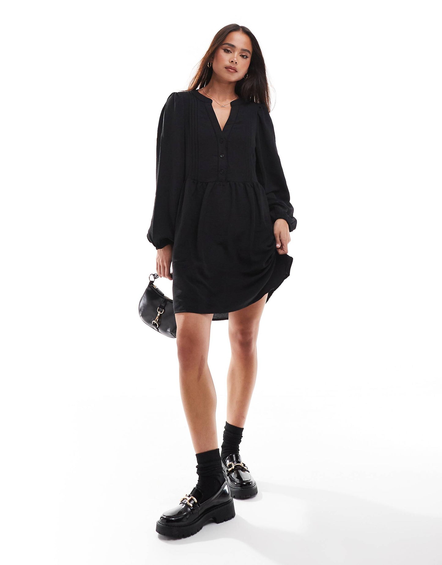 V-Neck Smock Mini Dress With Puff Sleeves