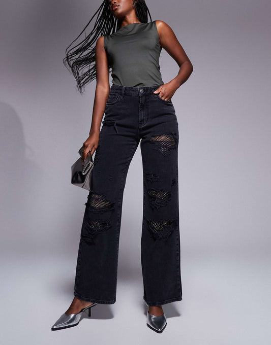 Embellished Super Distressed Straight Leg Jean