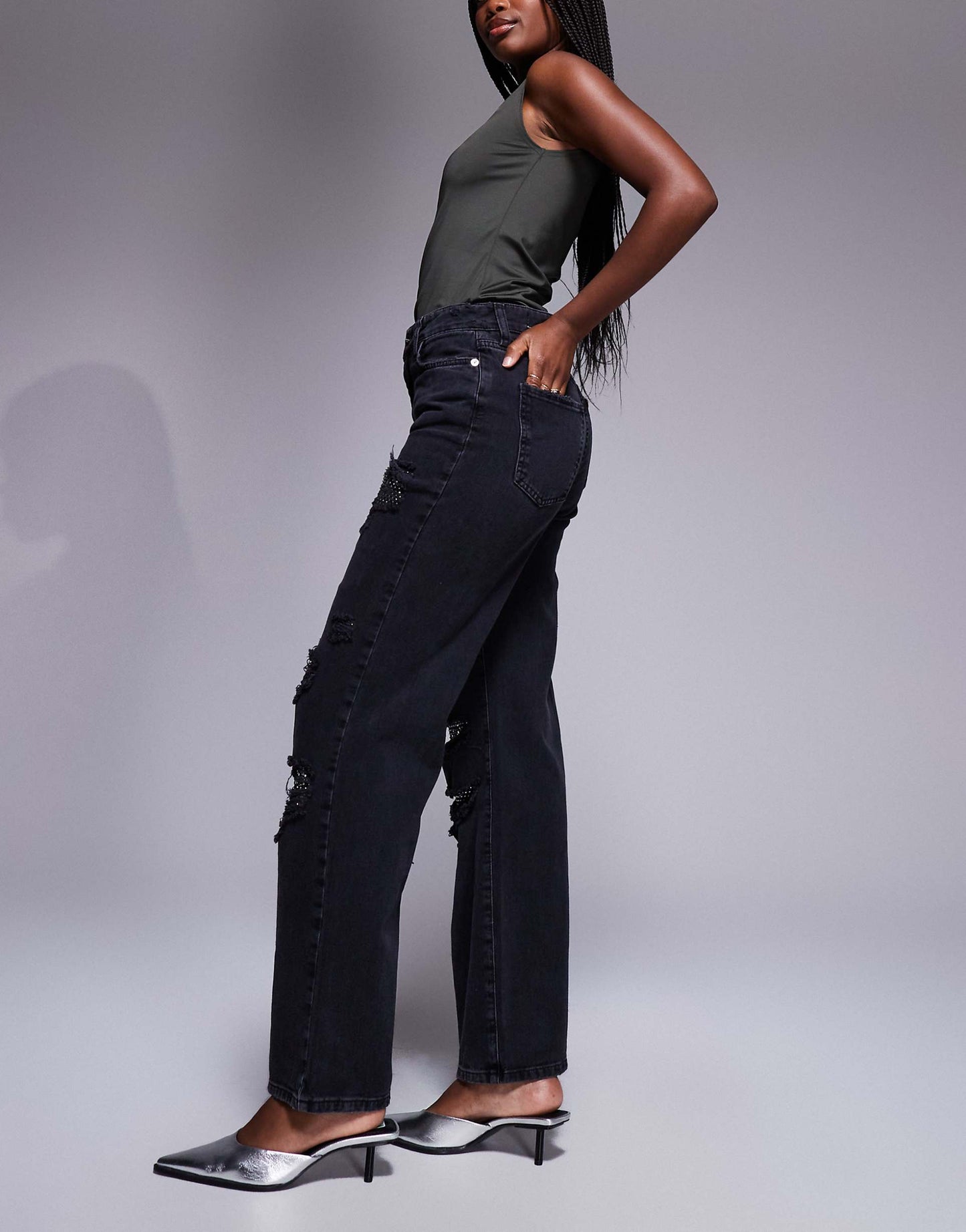 Embellished Super Distressed Straight Leg Jean