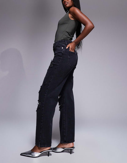 Embellished Super Distressed Straight Leg Jean
