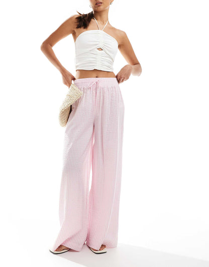 Tie Waist Seersucker Wide Leg Trousers