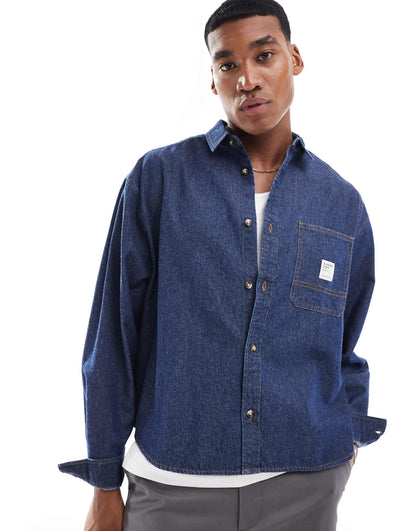 Boxy Oversized Denim Shirt With Badge Detail