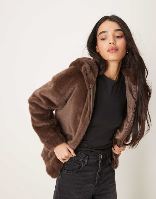 Exclusive Faux Fur Zip Through Hooded Bomber Jacket