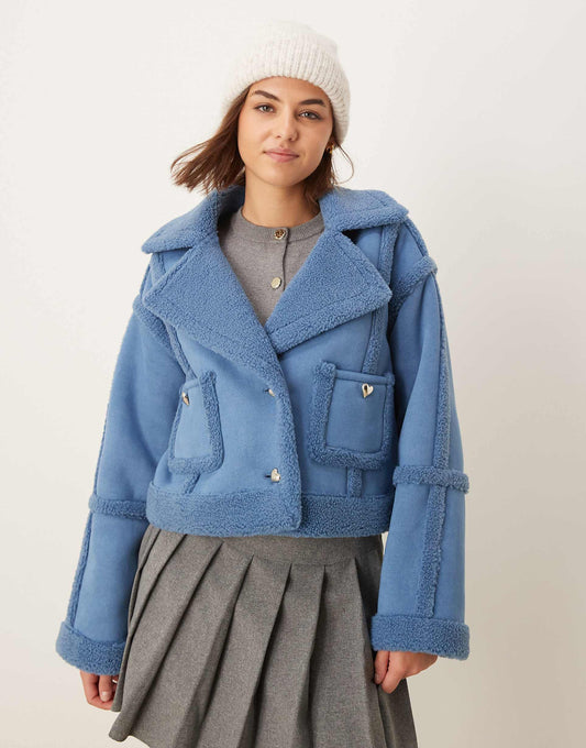 Exclusive Faux Shearling Gold Heart Button Detail Jacket