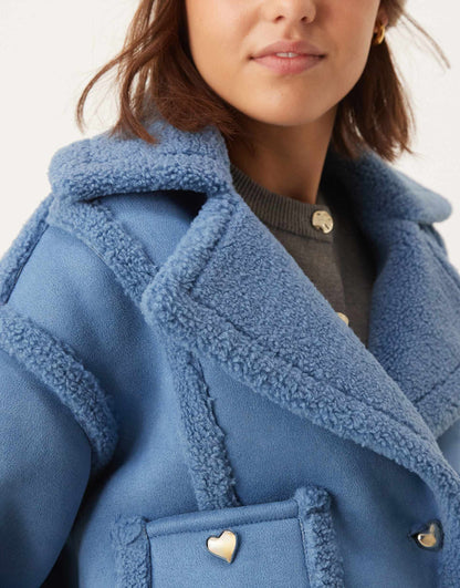 Exclusive Faux Shearling Gold Heart Button Detail Jacket