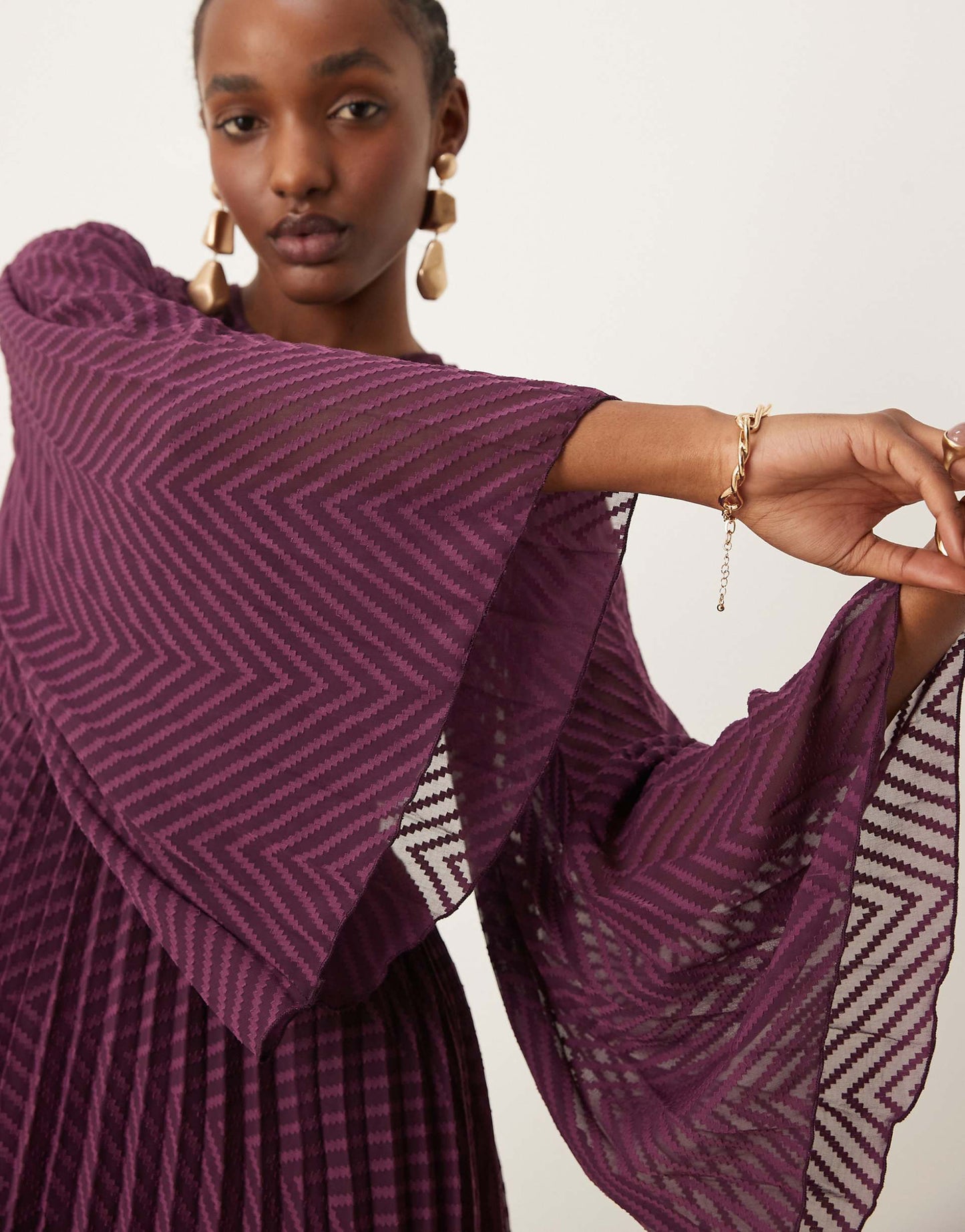Tie Back Fluted Sleeve Pleated Chevron Chiffon Midi Dress