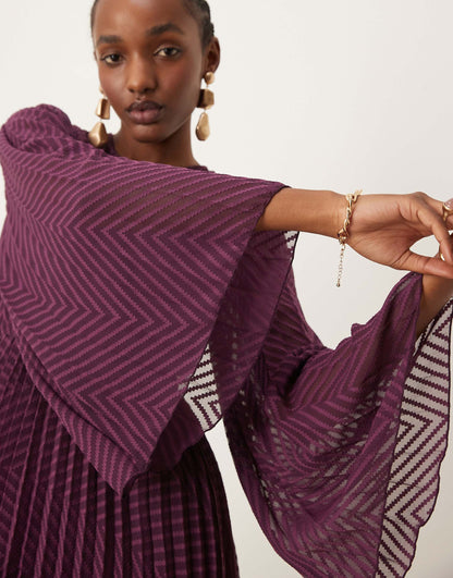 Tie Back Fluted Sleeve Pleated Chevron Chiffon Midi Dress