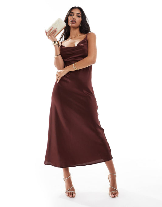 Cowl Neck Satin Midi Dress