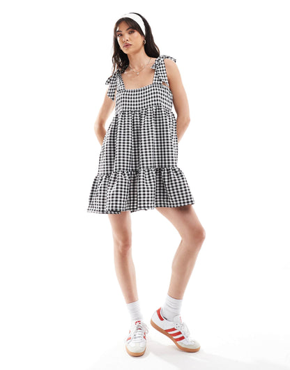 Tiered Gingham Mini Dress With Tie Shoulders