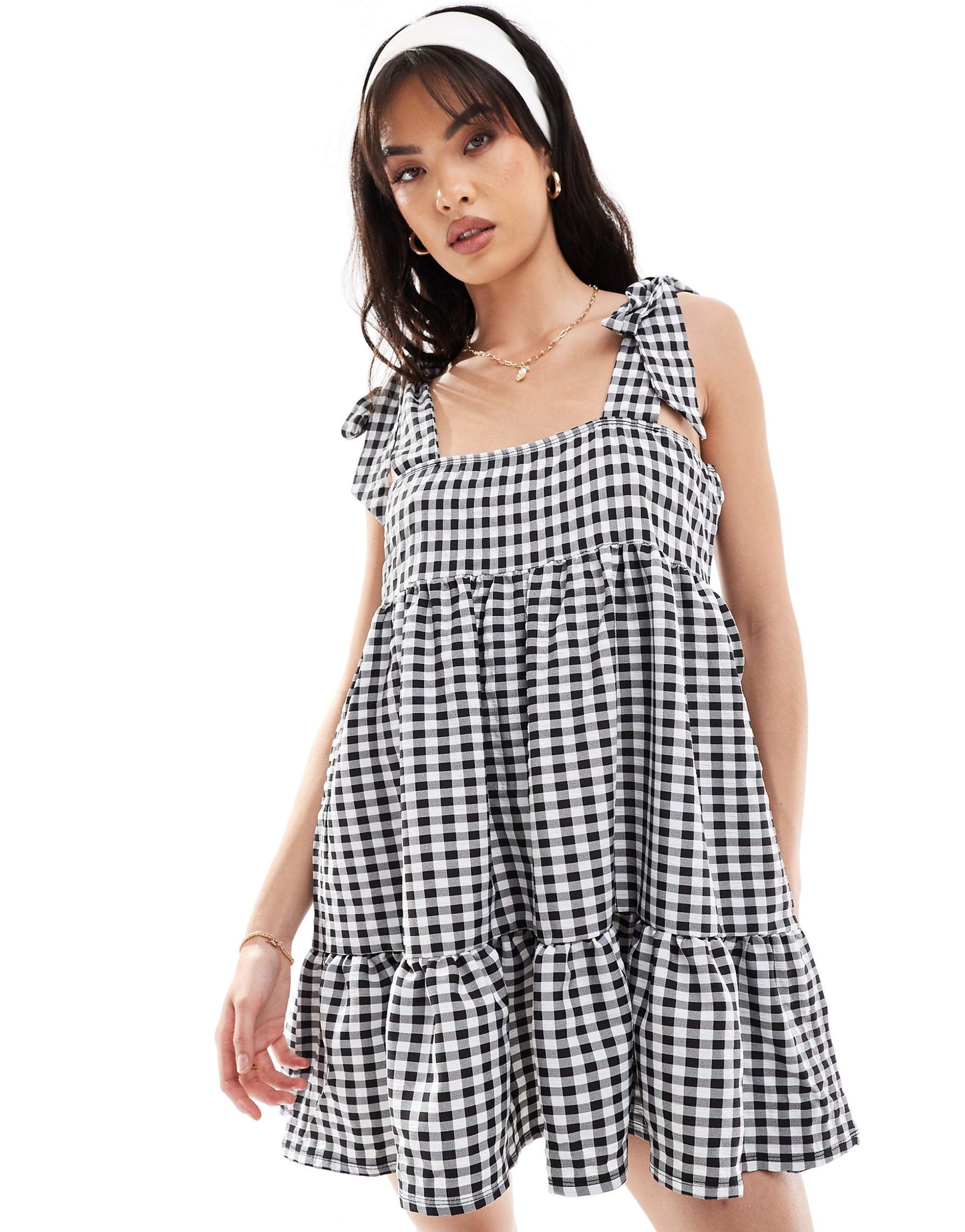 Tiered Gingham Mini Dress With Tie Shoulders