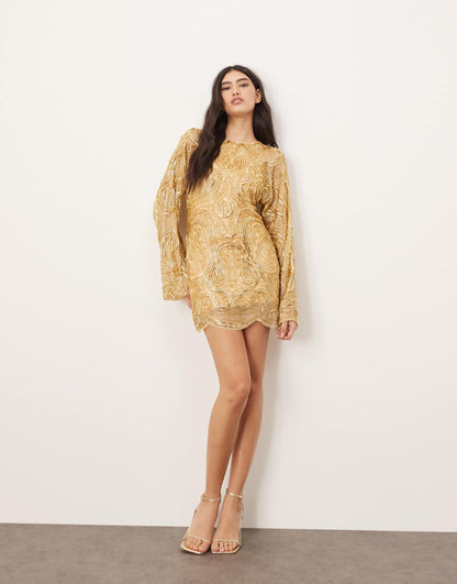 Embellished Contour Bead Wide Sleeve Mini Dress