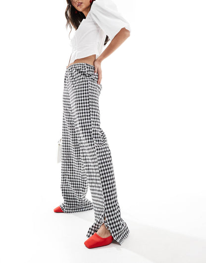 Wide Leg Gingham Trousers With Tie Side Detail