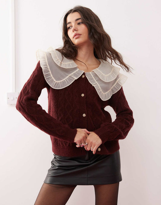 Contrast Collar Detail Cable Knit Cardigan