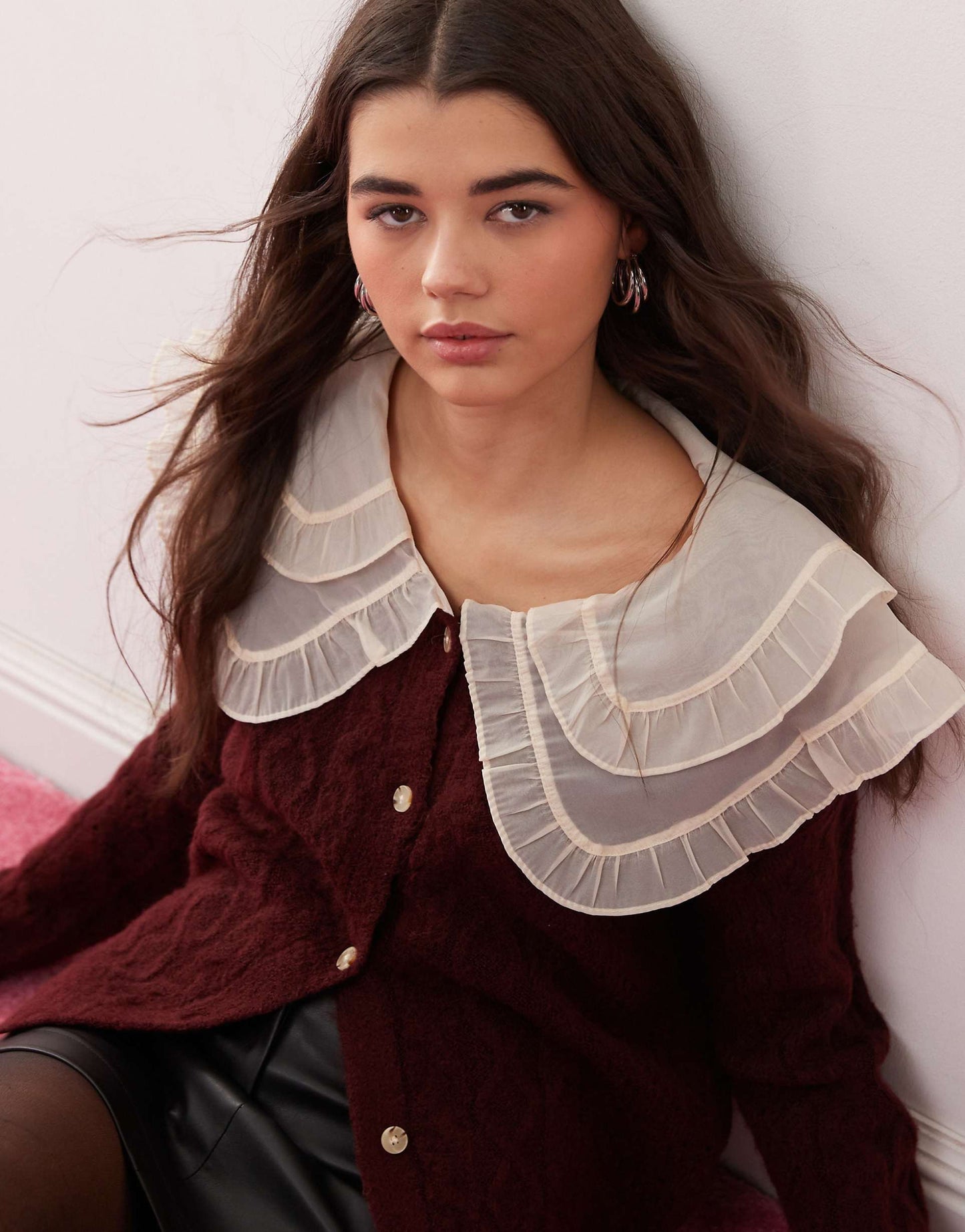 Contrast Collar Detail Cable Knit Cardigan
