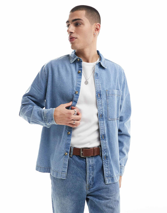 Denim Overshirt With Contrast Top Stitching